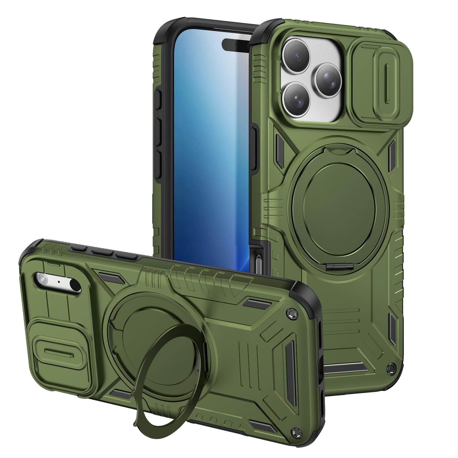 Compatible with iPhone 18 Pro Sliding Camshield Magnetic Rotation Holder Phone Case - Green