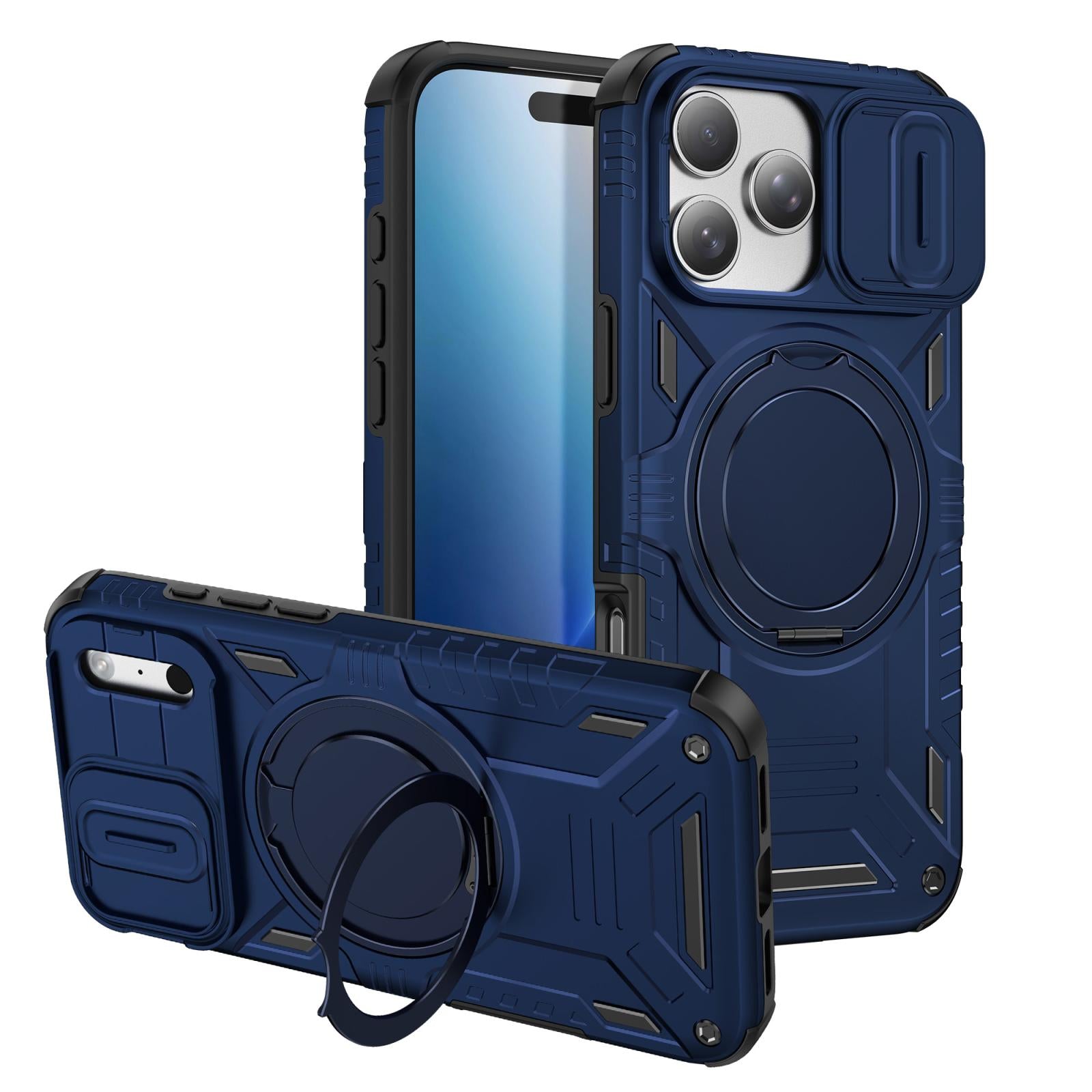Compatible with iPhone 18 Pro Sliding Camshield Magnetic Rotation Holder Phone Case - Dark Blue