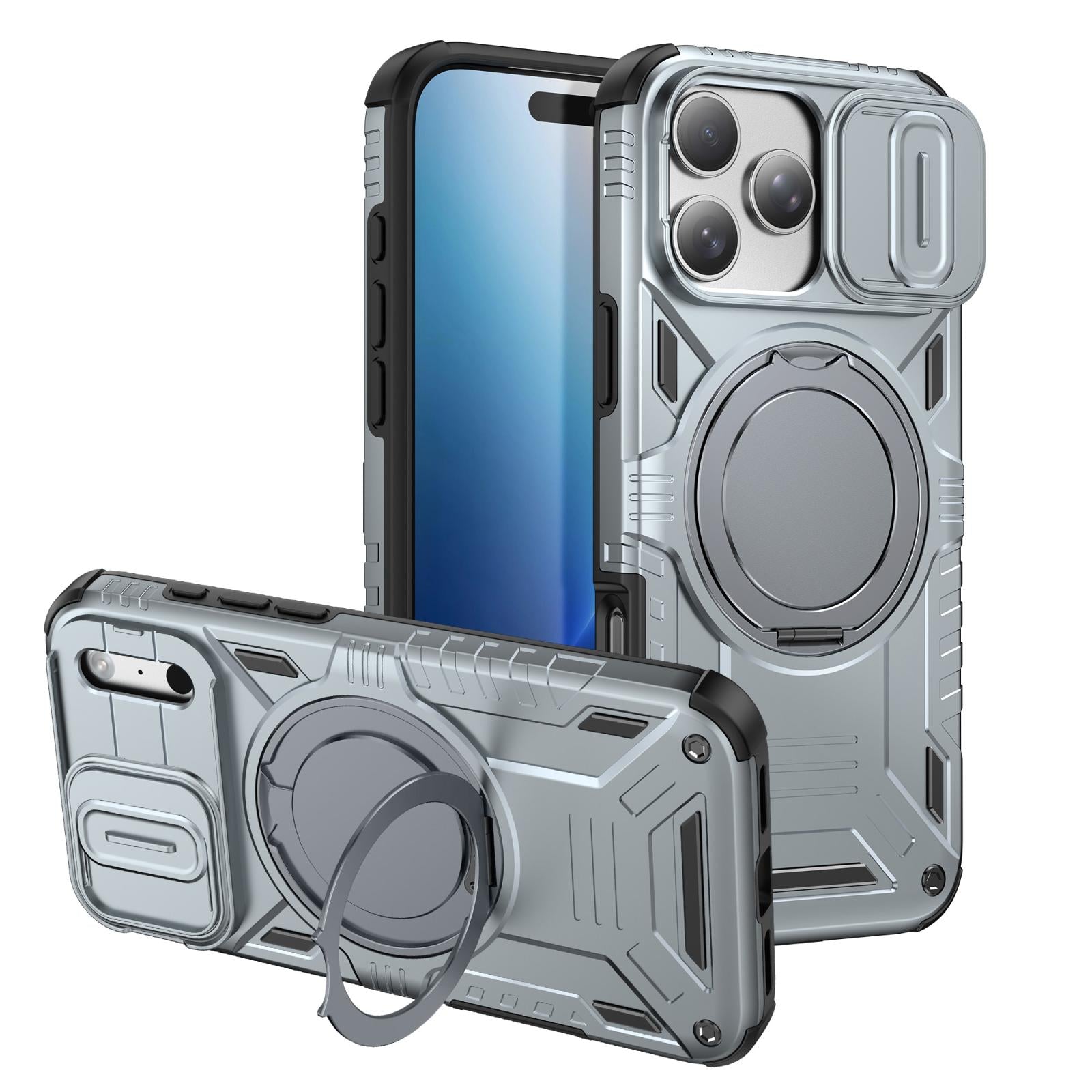 Compatible with iPhone 18 Pro Sliding Camshield Magnetic Rotation Holder Phone Case - Silver