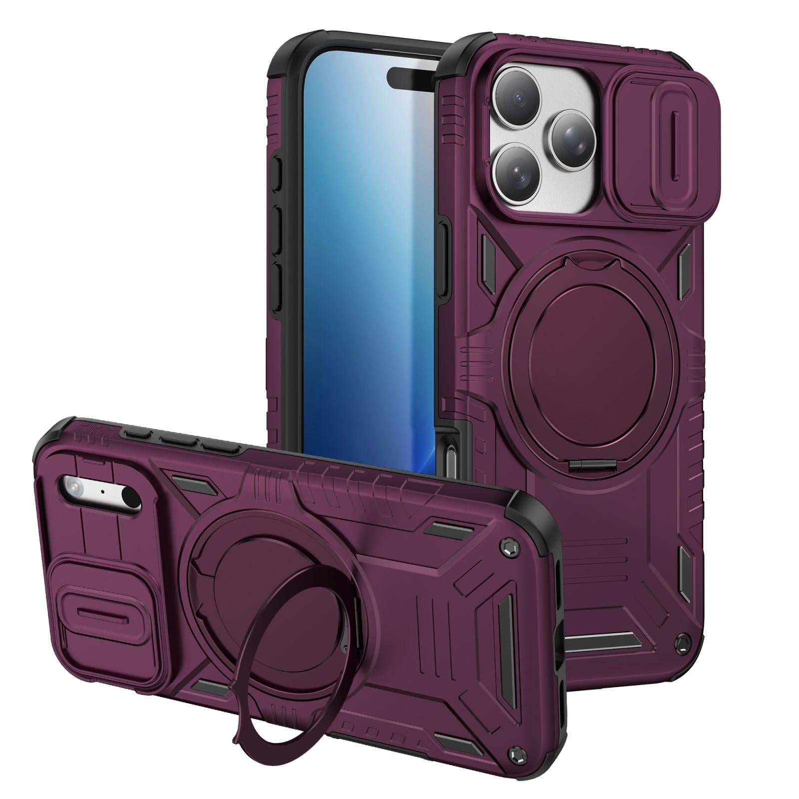 Compatible with iPhone 18 Pro Sliding Camshield Magnetic Rotation Holder Phone Case - Cherry Red