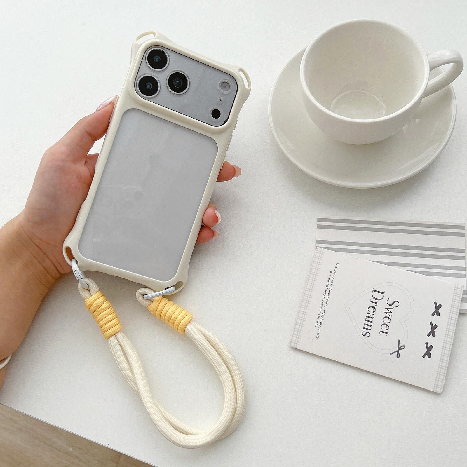 Compatible with iPhone 18 Pro Four-corners Lanyard Holes Acrylic Dual-Layer TPU Phone Case with Hand Strap - White