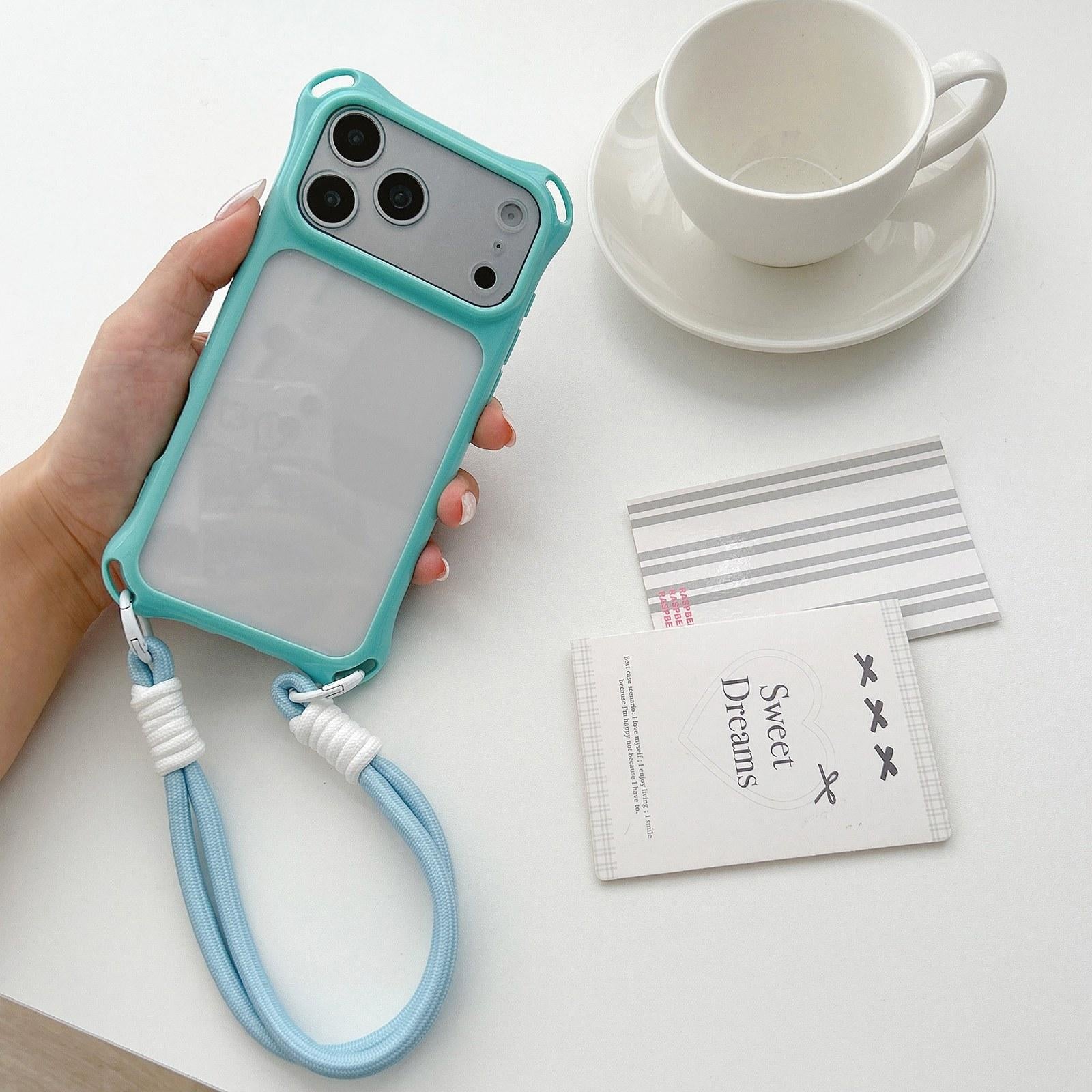 Compatible with iPhone 18 Pro Four-corners Lanyard Holes Acrylic Dual-Layer TPU Phone Case with Hand Strap - Lake Blue