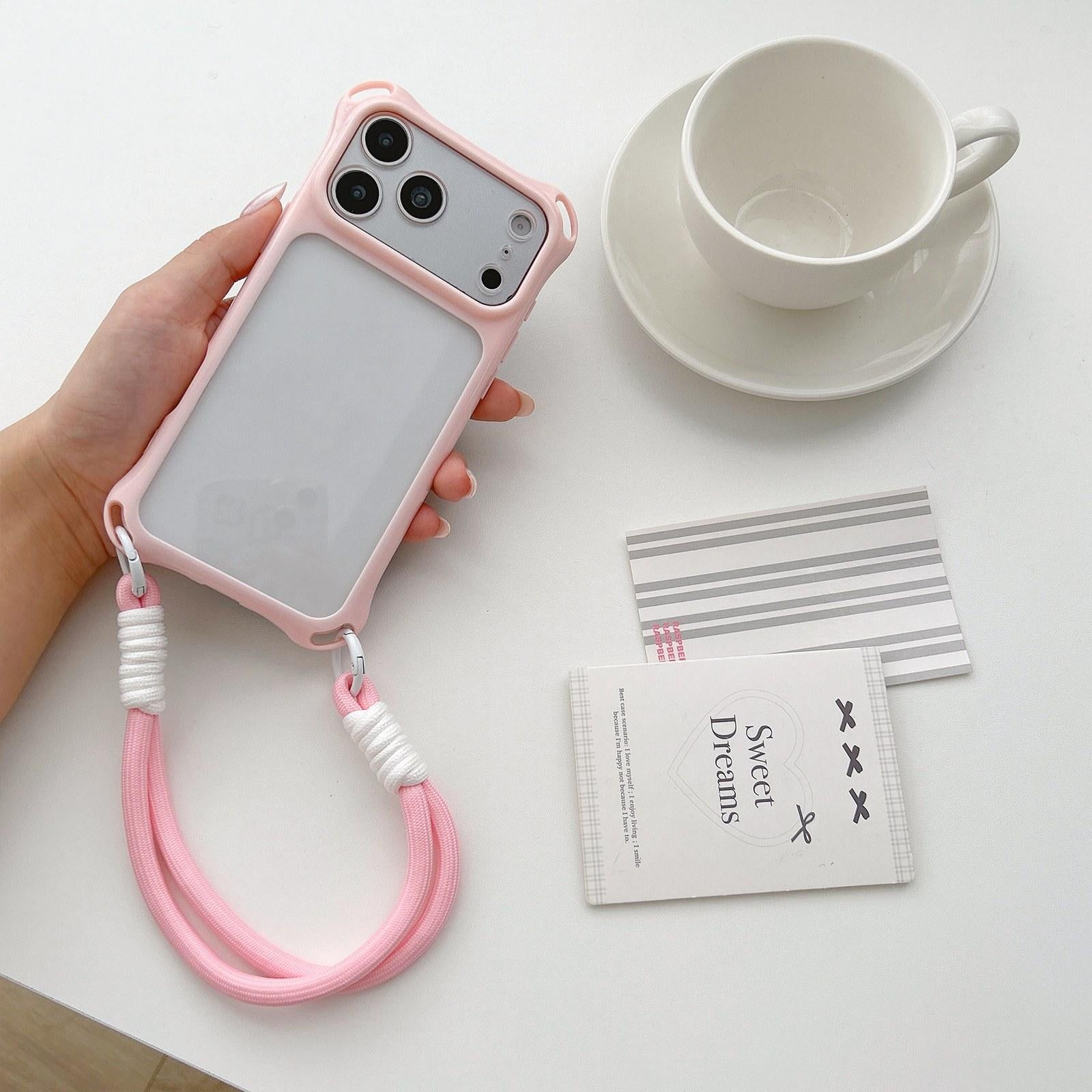 Compatible with iPhone 18 Pro Four-corners Lanyard Holes Acrylic Dual-Layer TPU Phone Case with Hand Strap - Light Pink