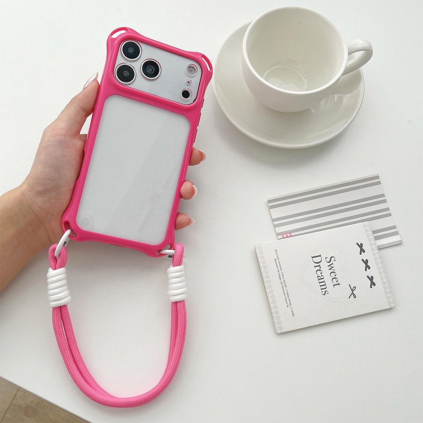 Compatible with iPhone 18 Pro Four-corners Lanyard Holes Acrylic Dual-Layer TPU Phone Case with Hand Strap - Rose Red