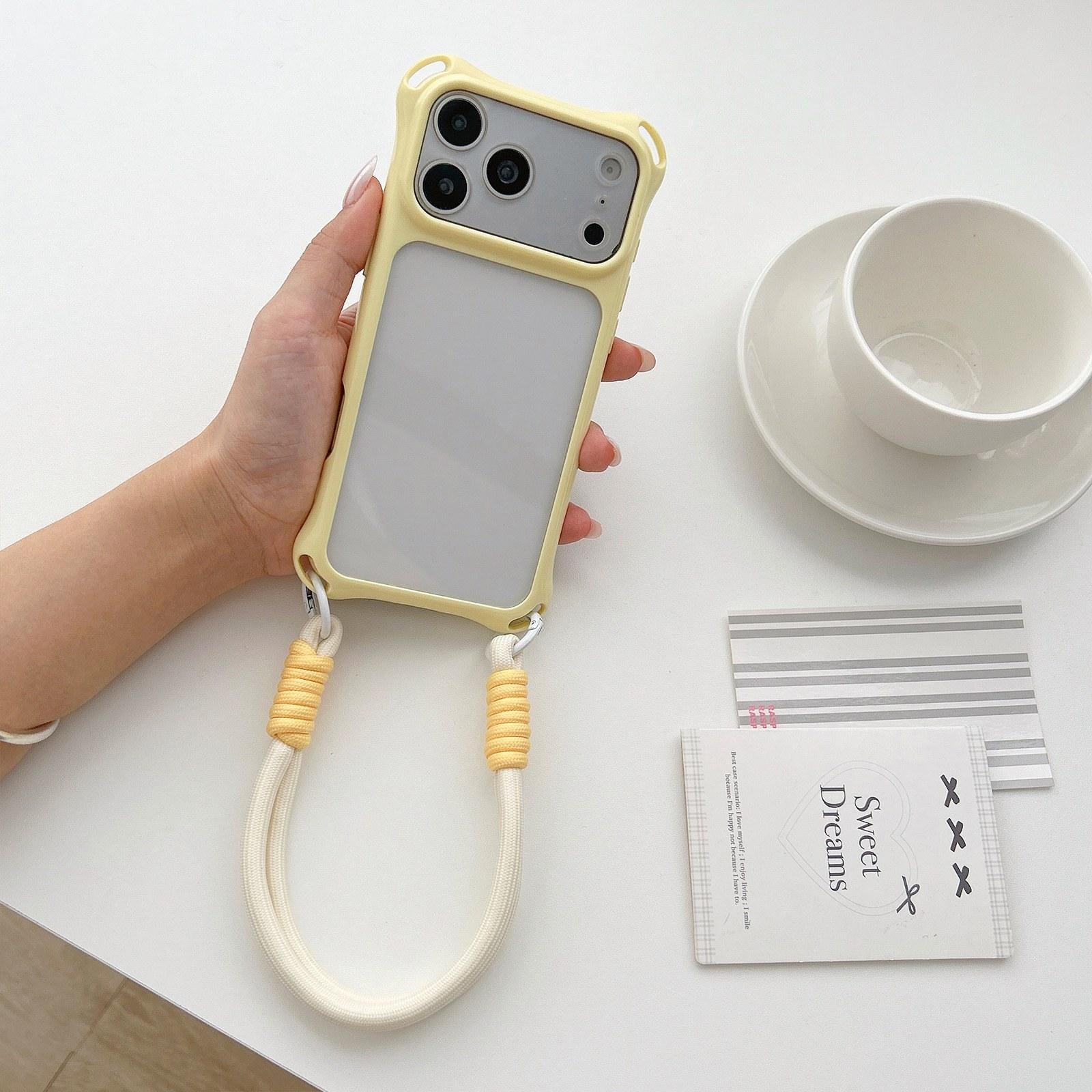 Compatible with iPhone 18 Pro Four-corners Lanyard Holes Acrylic Dual-Layer TPU Phone Case with Hand Strap - Yellow