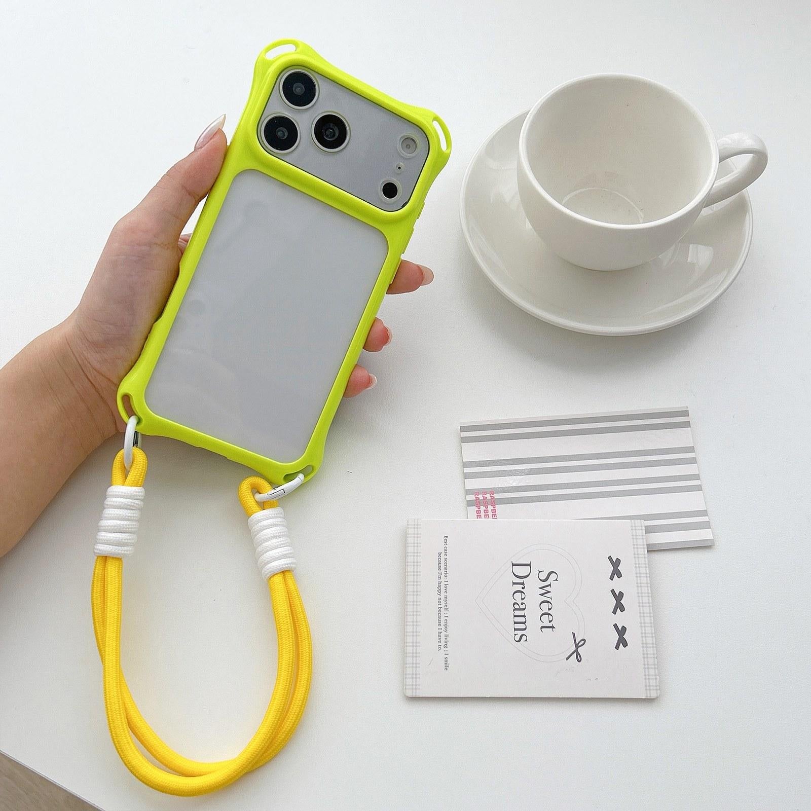 Compatible with iPhone 18 Pro Four-corners Lanyard Holes Acrylic Dual-Layer TPU Phone Case with Hand Strap - Lemon Green