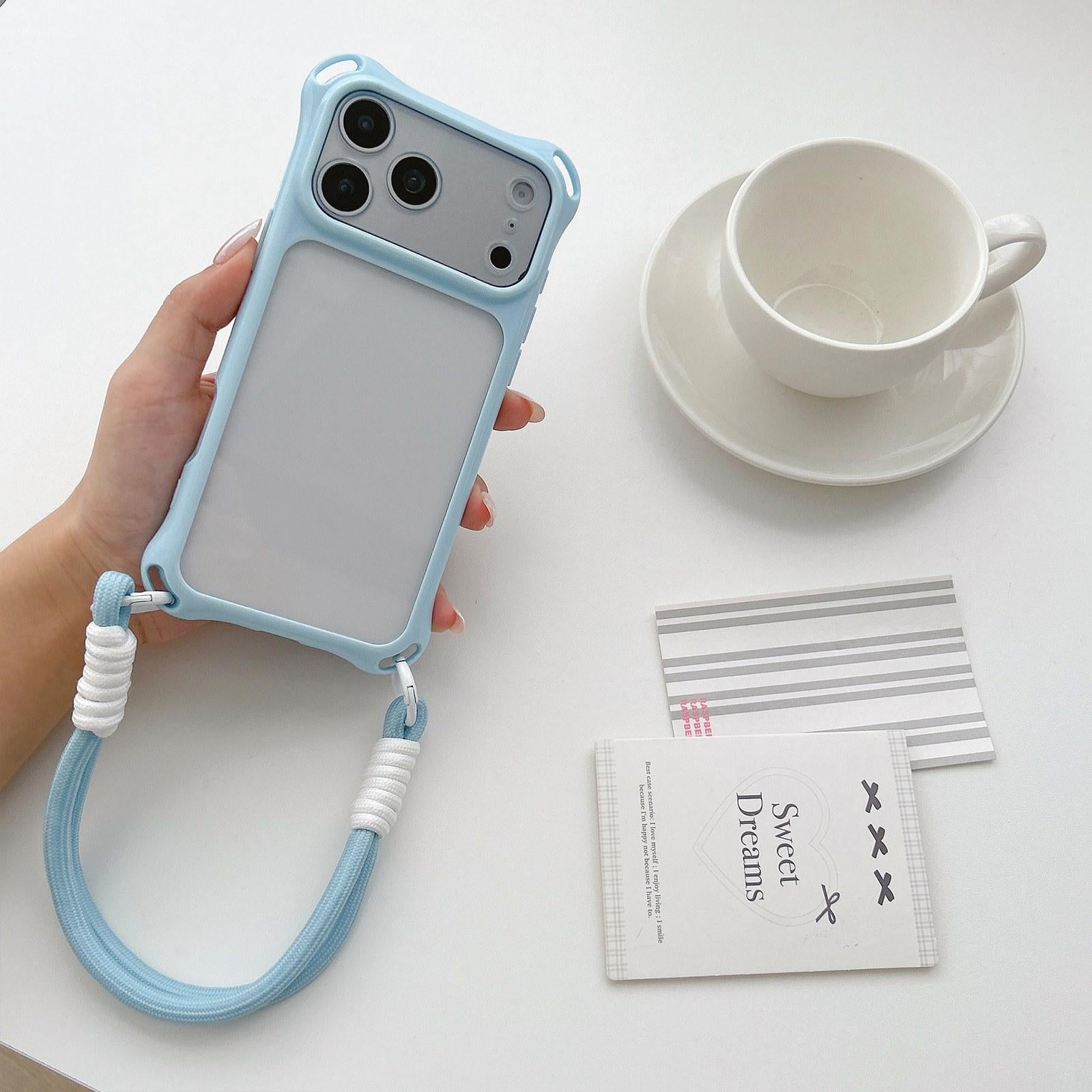 Compatible with iPhone 18 Pro Four-corners Lanyard Holes Acrylic Dual-Layer TPU Phone Case with Hand Strap - Light Blue