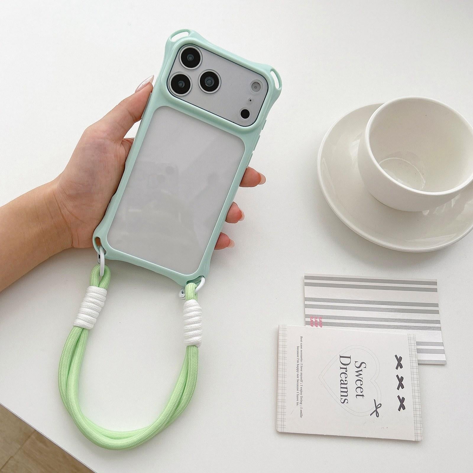 Compatible with iPhone 18 Pro Four-corners Lanyard Holes Acrylic Dual-Layer TPU Phone Case with Hand Strap - Light Green
