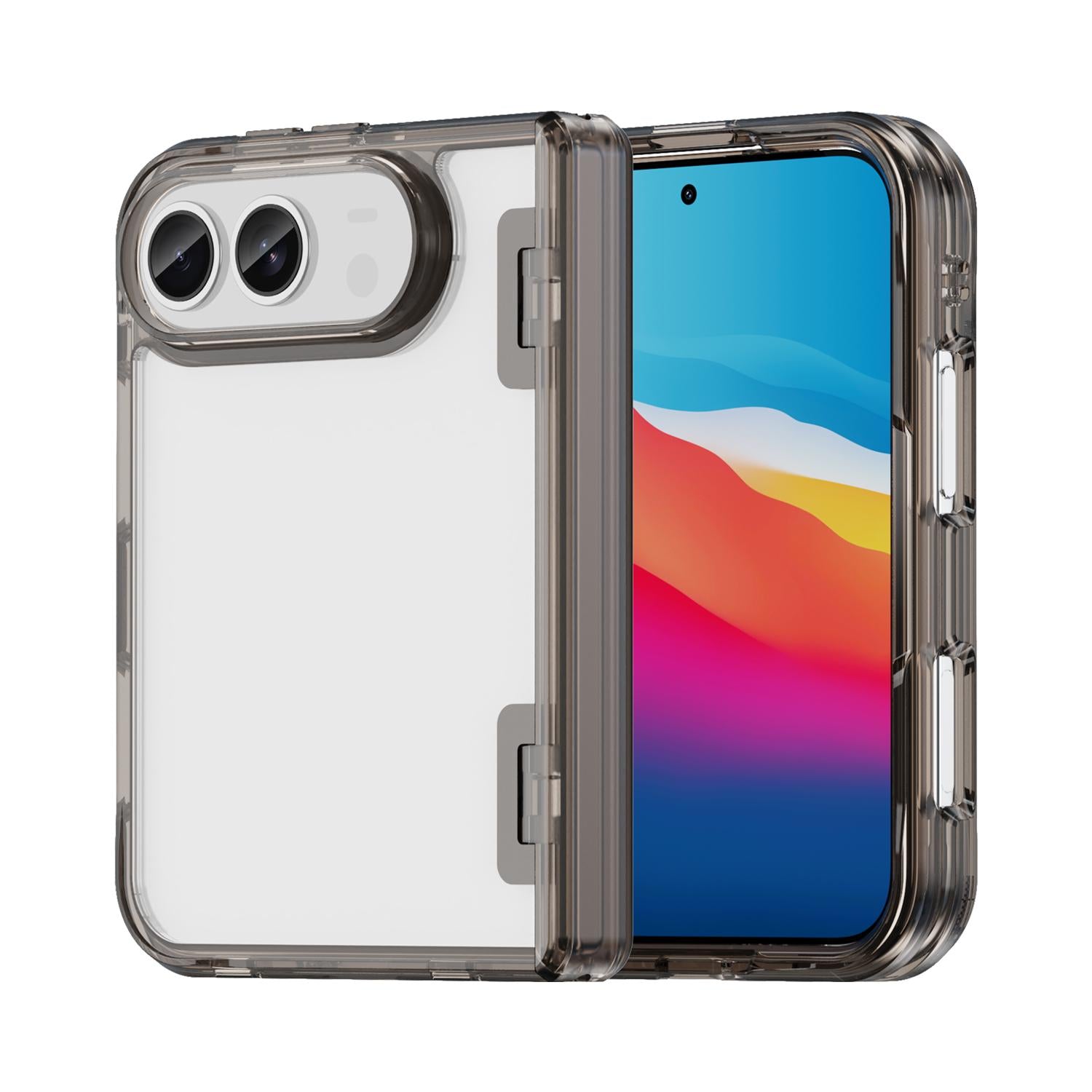 Compatible with iPhone Duo PC Hybrid TPU Airbag Folding Center Axis Phone Case - Transparent Black