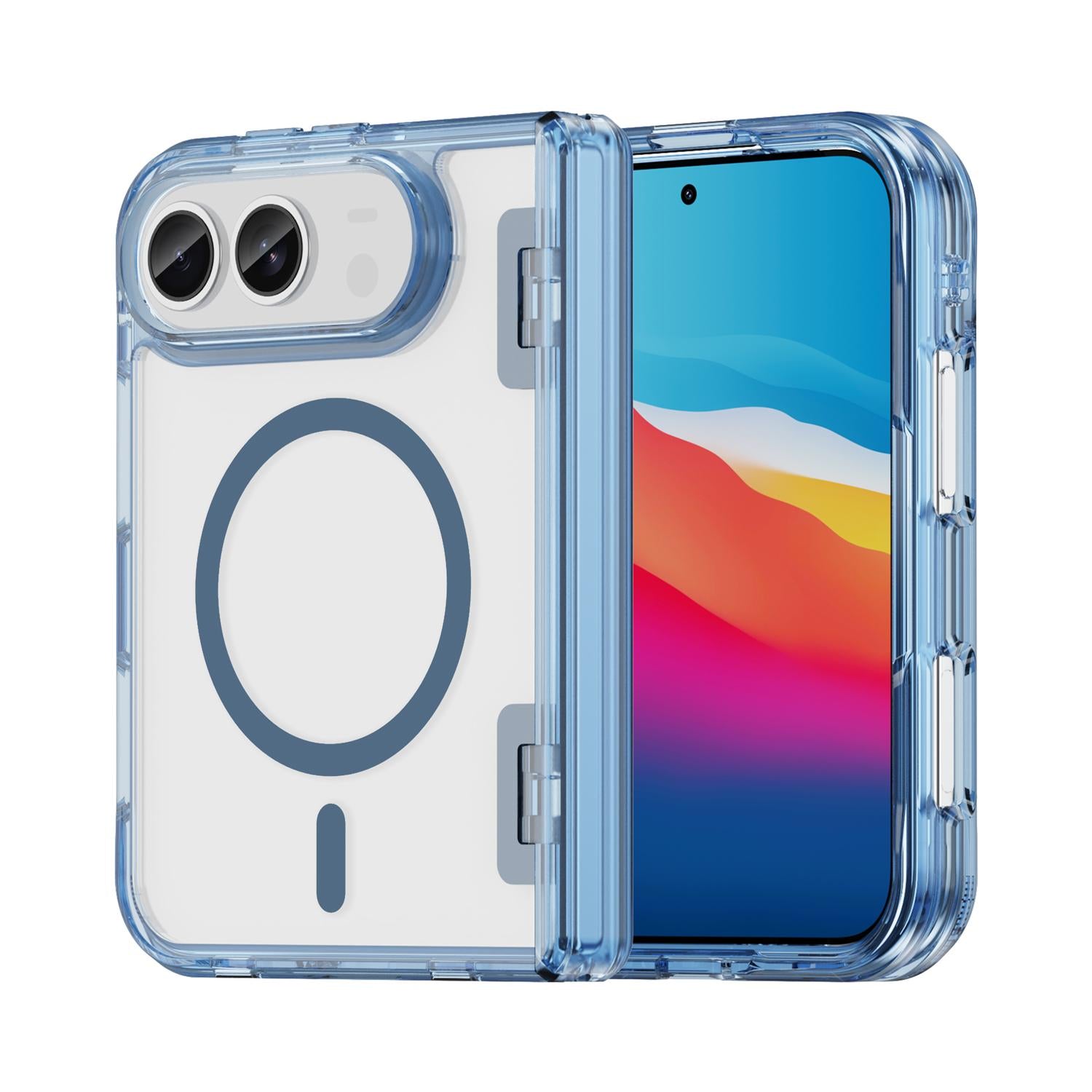 Compatible with iPhone Duo PC Hybrid TPU Airbag Folding Center Axis Magnetic Phone Case - Transparent Blue
