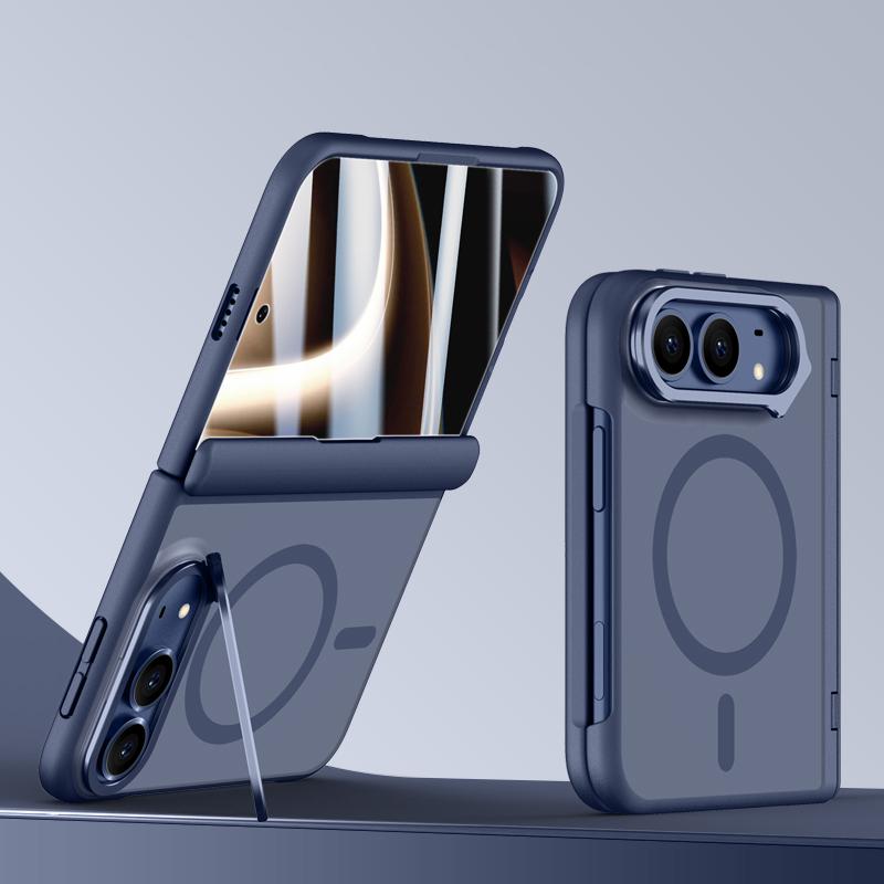 Compatible with iPhone Duo Shield Armor Series Integrated HD Film Matte Frosted Full Coverage Magnetic Phone Case with Lens Holder - Navy Blue