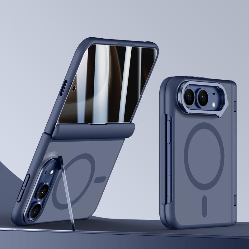 Compatible with iPhone Duo Shield Armor Series Integrated Privacy Film Matte Frosted Full Coverage Magnetic Phone Case with Lens Holder - Navy Blue