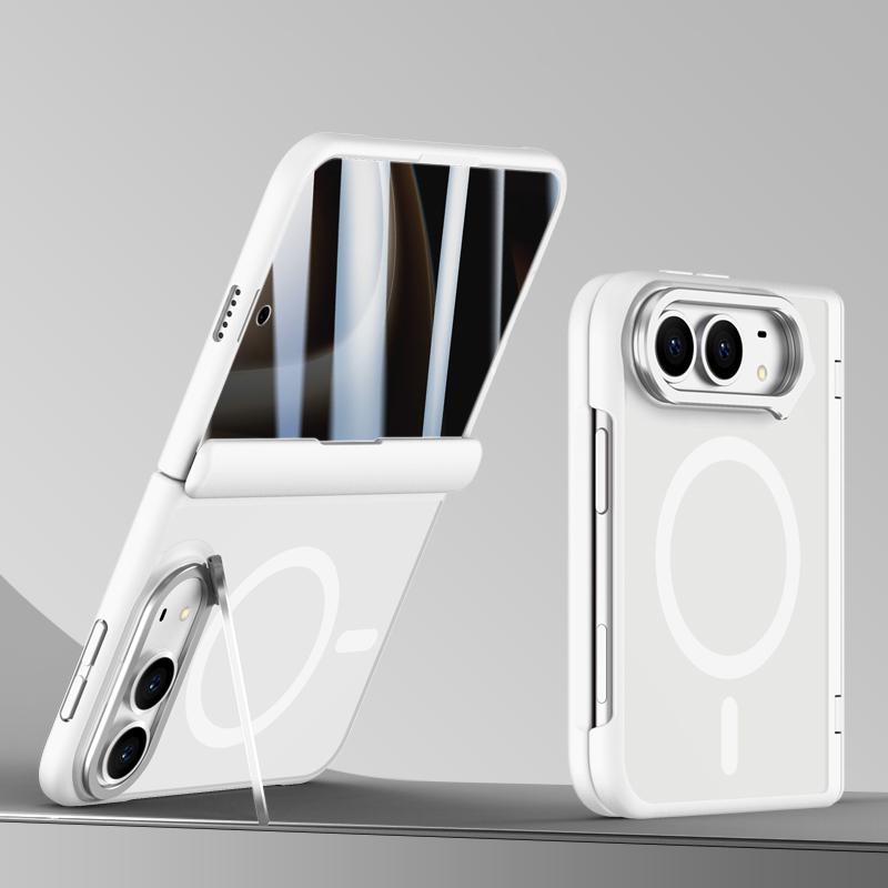 Compatible with iPhone Duo Shield Armor Series Integrated Privacy Film Matte Frosted Full Coverage Magnetic Phone Case with Lens Holder - White