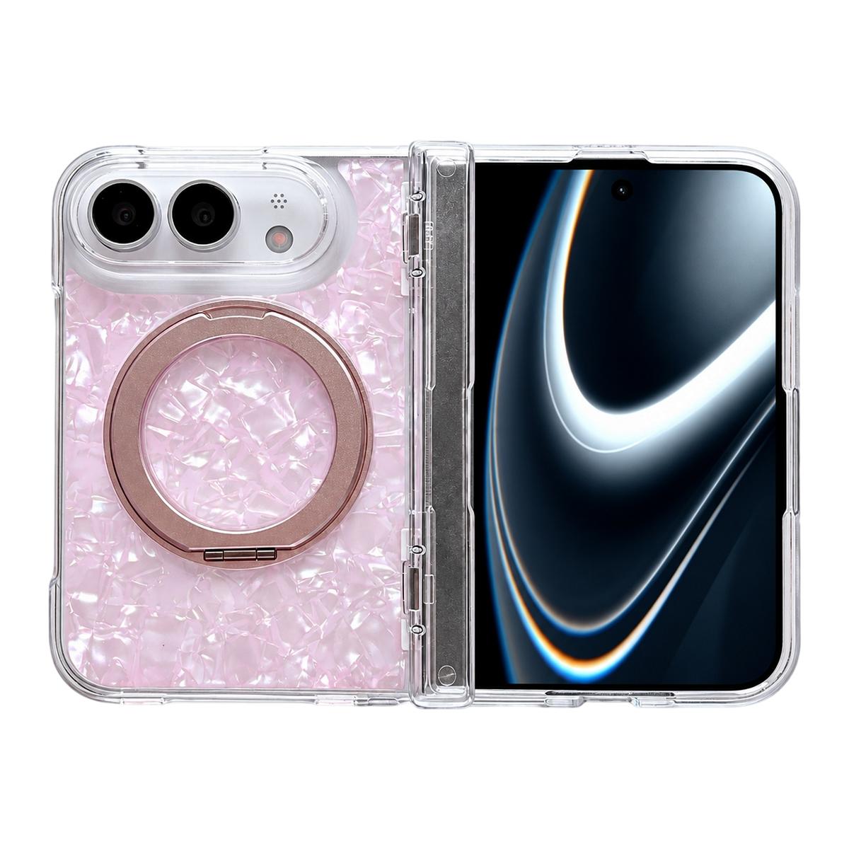 Compatible with iPhone Duo Axial Magnetic Shell Pattern Phone Case with 360 Holder - Pink