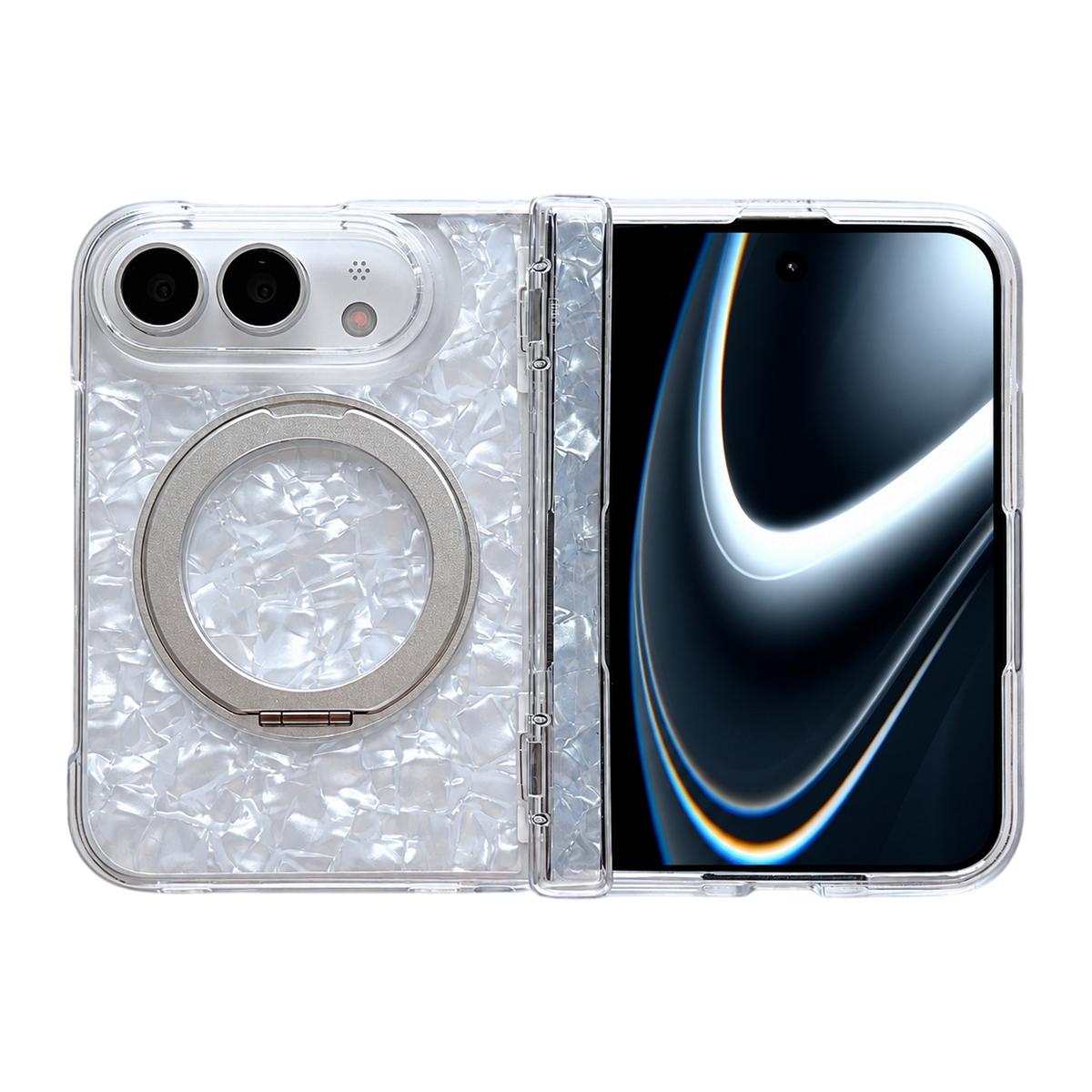 Compatible with iPhone Duo Axial Magnetic Shell Pattern Phone Case with 360 Holder - White