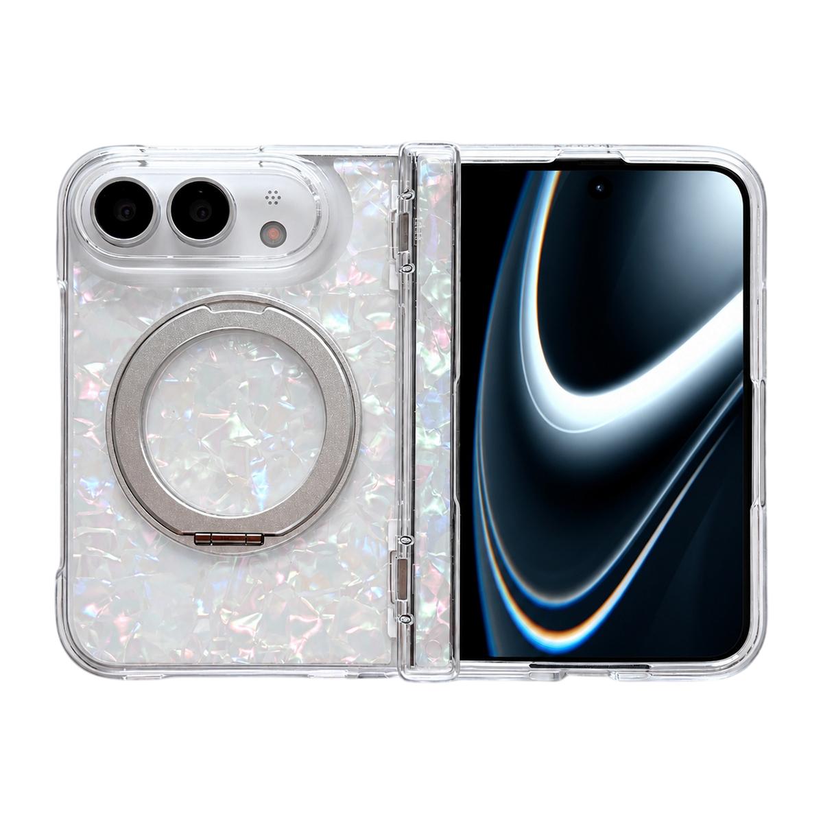 Compatible with iPhone Duo Axial Magnetic Shell Pattern Phone Case with 360 Holder - Silver