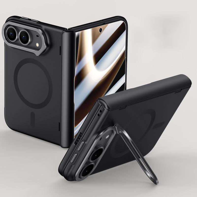 Compatible with iPhone Duo Crazy Series Integrated HD Film Skin Feel Center Axis Magnetic Phone Case with Lens Holder - Black