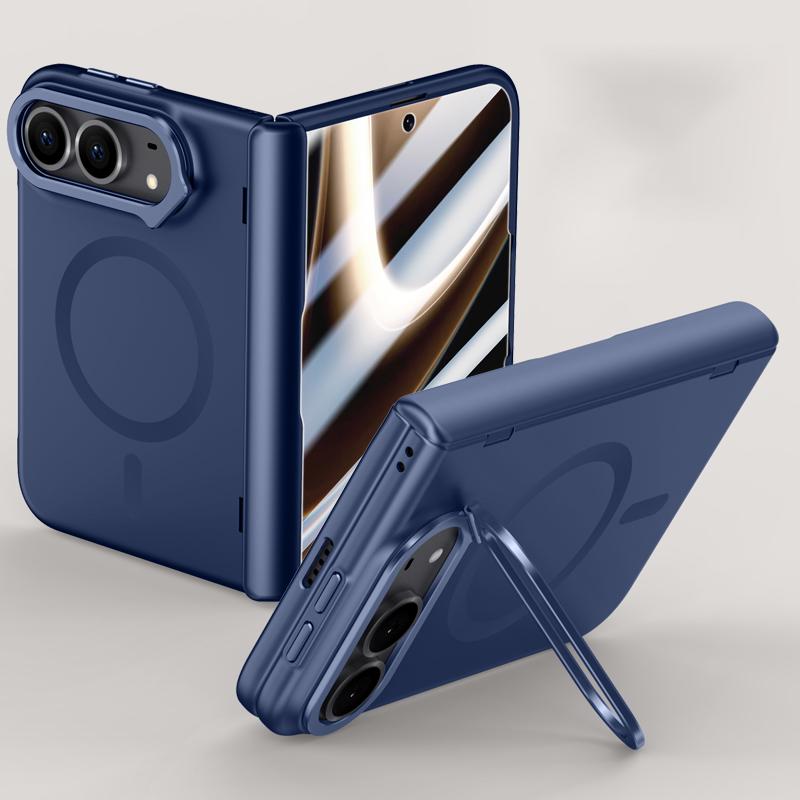 Compatible with iPhone Duo Crazy Series Integrated HD Film Skin Feel Center Axis Magnetic Phone Case with Lens Holder - Navy Blue