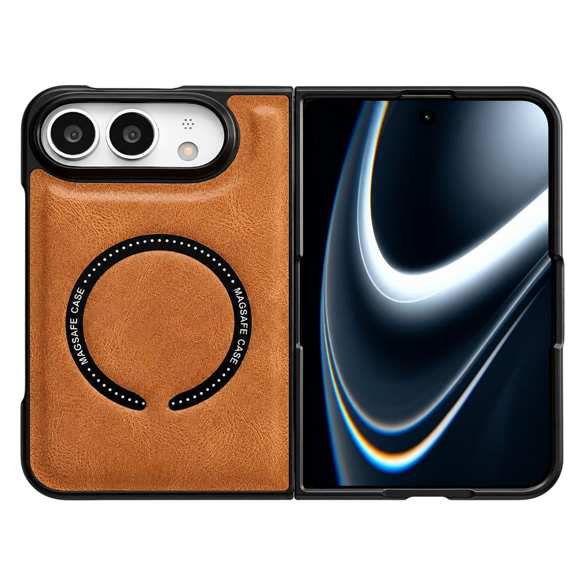 Compatible with iPhone Duo Crazy Horse Texture Magnetic Magsafe PU Phone Case - Orange