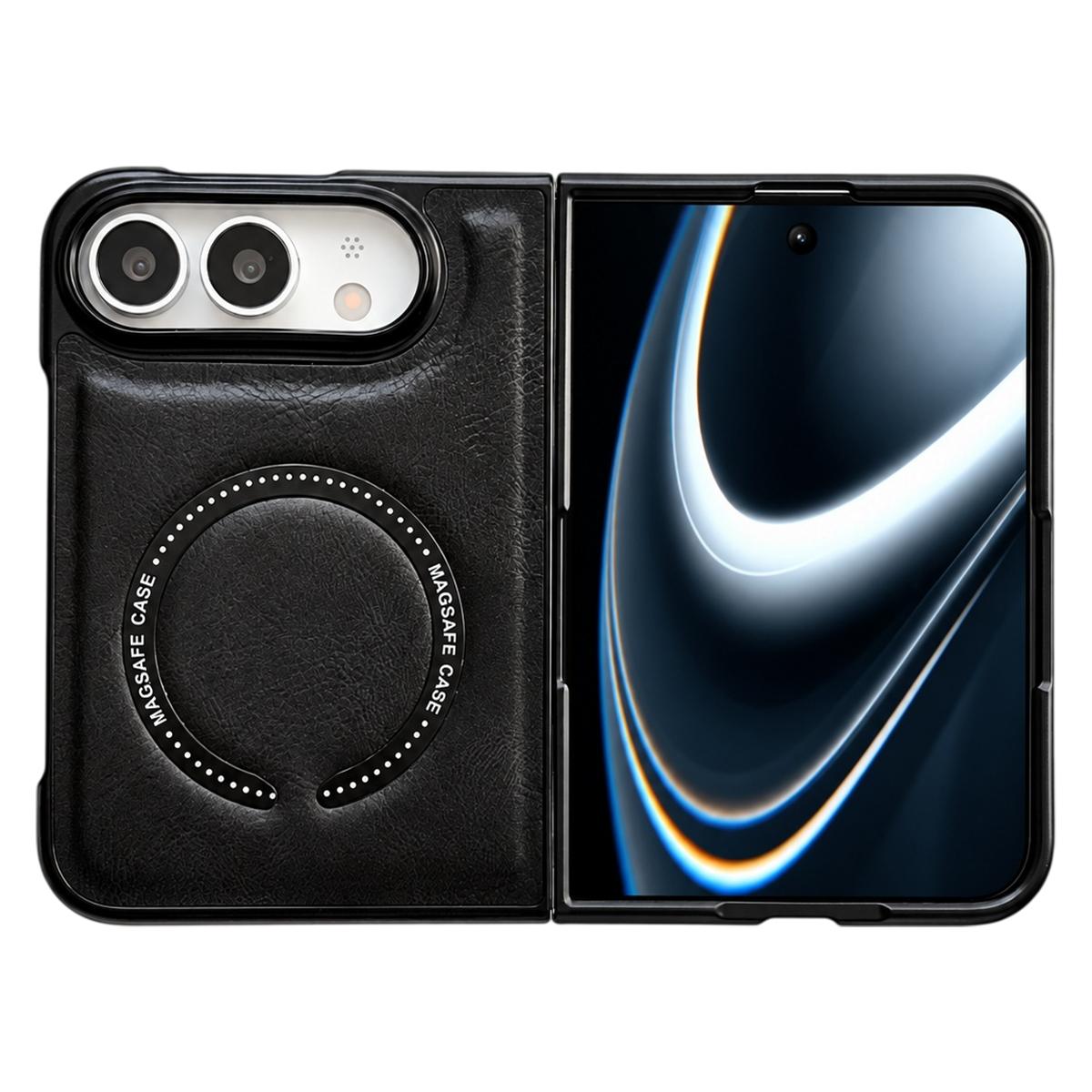 Compatible with iPhone Duo Crazy Horse Texture Magnetic Magsafe PU Phone Case - Black