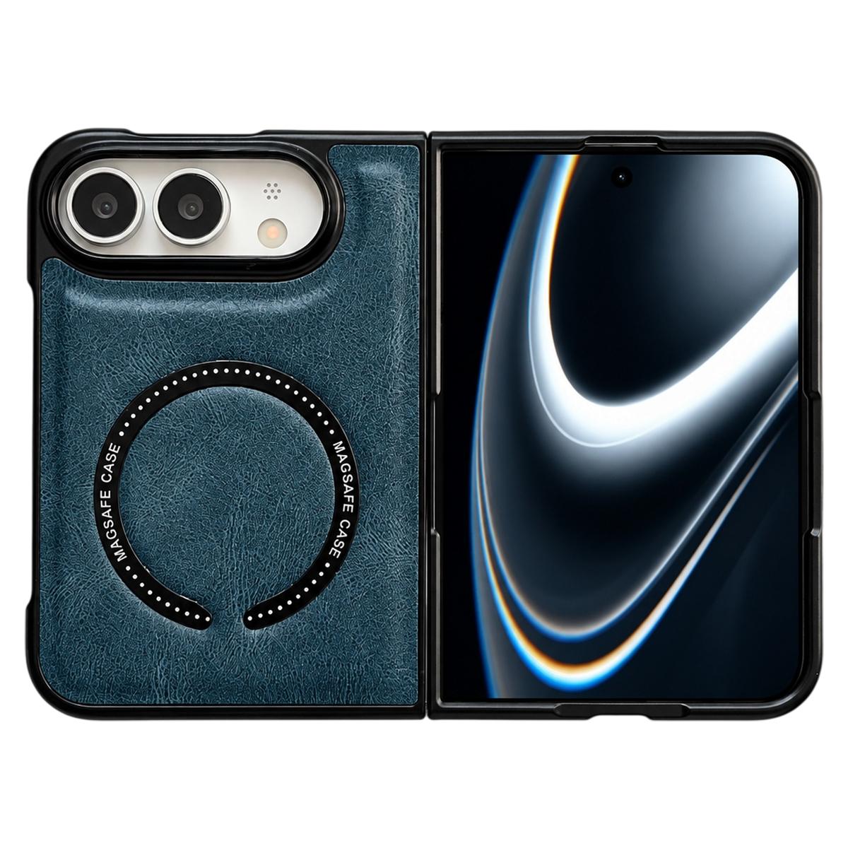 Compatible with iPhone Duo Crazy Horse Texture Magnetic Magsafe PU Phone Case - Blue