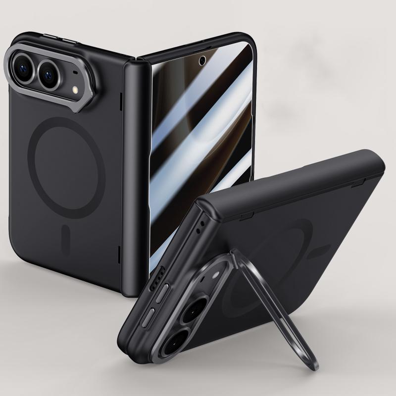 Compatible with iPhone Duo Crazy Series Integrated Privacy Film Skin Feel Center Axis Magnetic Phone Case with Lens Holder - Black