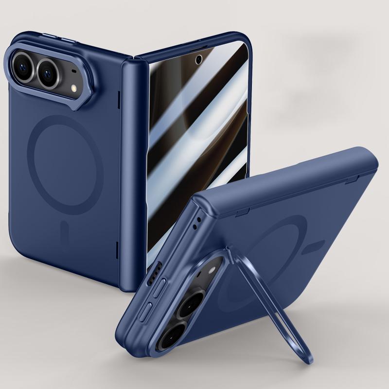 Compatible with iPhone Duo Crazy Series Integrated Privacy Film Skin Feel Center Axis Magnetic Phone Case with Lens Holder - Navy Blue
