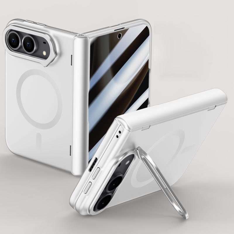 Compatible with iPhone Duo Crazy Series Integrated Privacy Film Skin Feel Center Axis Magnetic Phone Case with Lens Holder - Silver