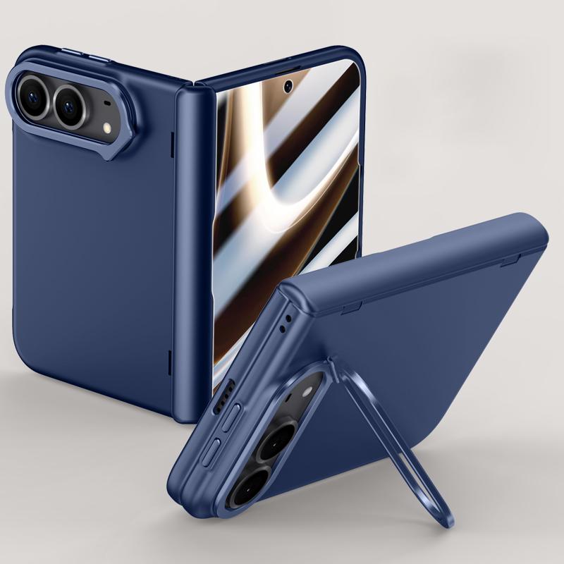 Compatible with iPhone Duo Crazy Series Integrated HD Film Skin Feel Center Axis Phone Case with Lens Holder - Navy Blue