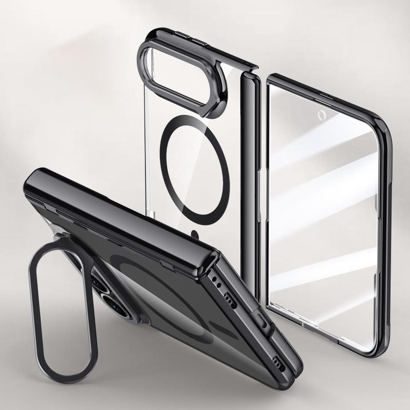Compatible with iPhone Duo Icebreaking Series Integrated HD Film Electroplated Crystal Clear Center Axis Magnetic Phone Case with Lens Holder - Black