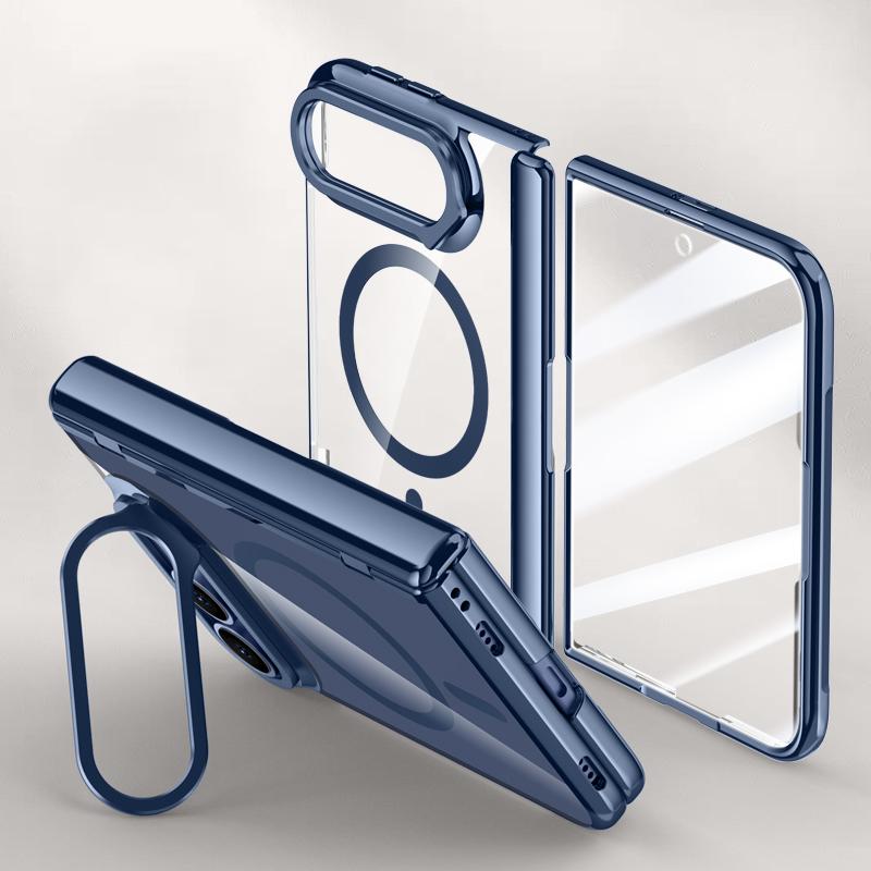 Compatible with iPhone Duo Icebreaking Series Integrated HD Film Electroplated Crystal Clear Center Axis Magnetic Phone Case with Lens Holder - Navy Blue