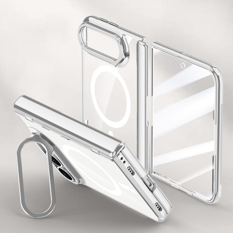Compatible with iPhone Duo Icebreaking Series Integrated HD Film Electroplated Crystal Clear Center Axis Magnetic Phone Case with Lens Holder - Silver
