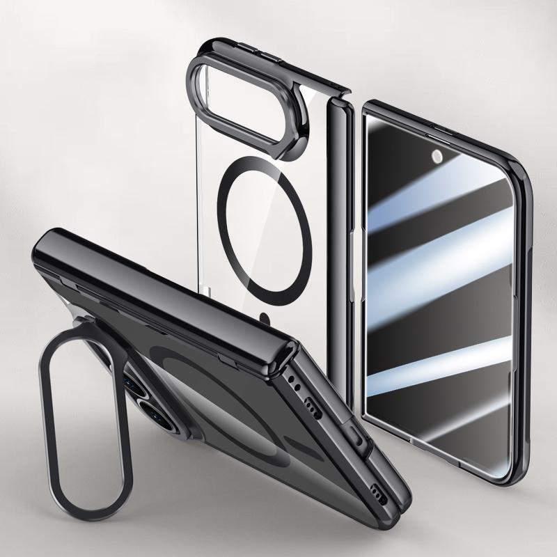 Compatible with iPhone Duo Icebreaking Series Integrated Privacy Film Electroplated Crystal Clear Center Axis Magnetic Phone Case with Lens Holder - Black