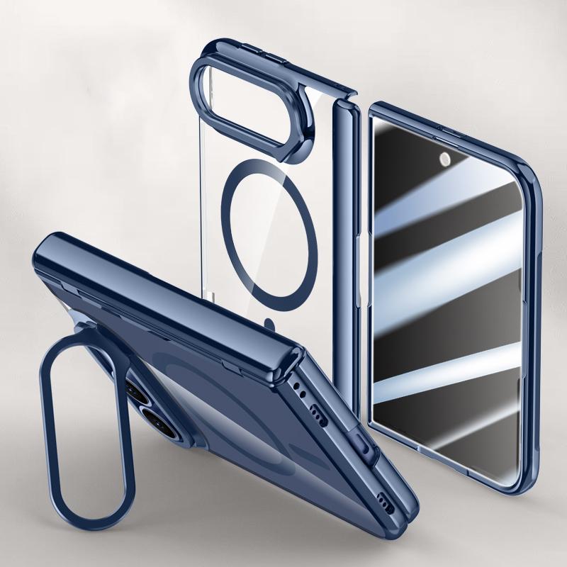 Compatible with iPhone Duo Icebreaking Series Integrated Privacy Film Electroplated Crystal Clear Center Axis Magnetic Phone Case with Lens Holder - Navy Blue