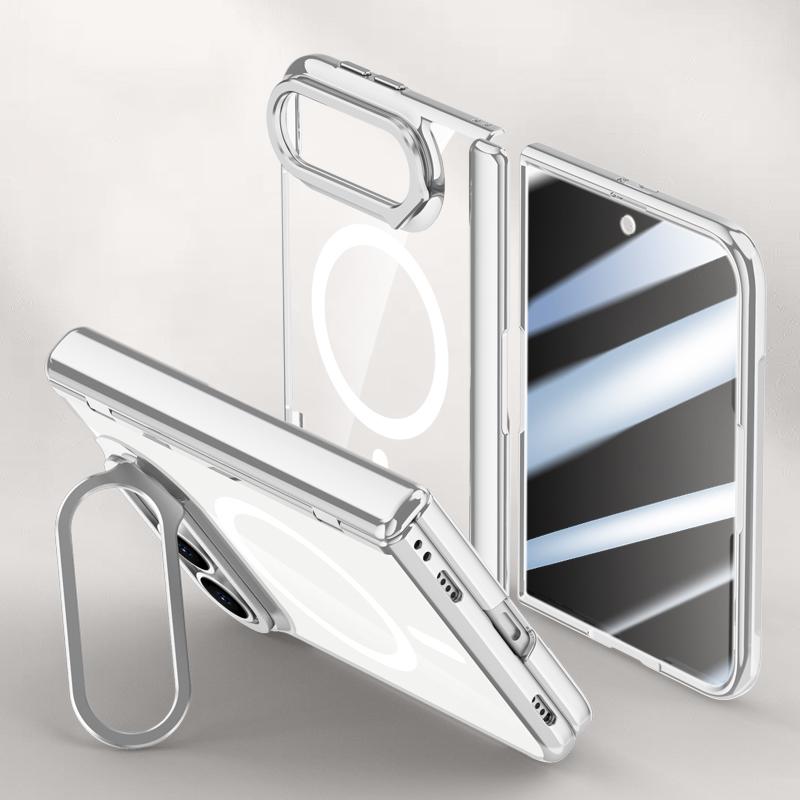 Compatible with iPhone Duo Icebreaking Series Integrated Privacy Film Electroplated Crystal Clear Center Axis Magnetic Phone Case with Lens Holder - Silver