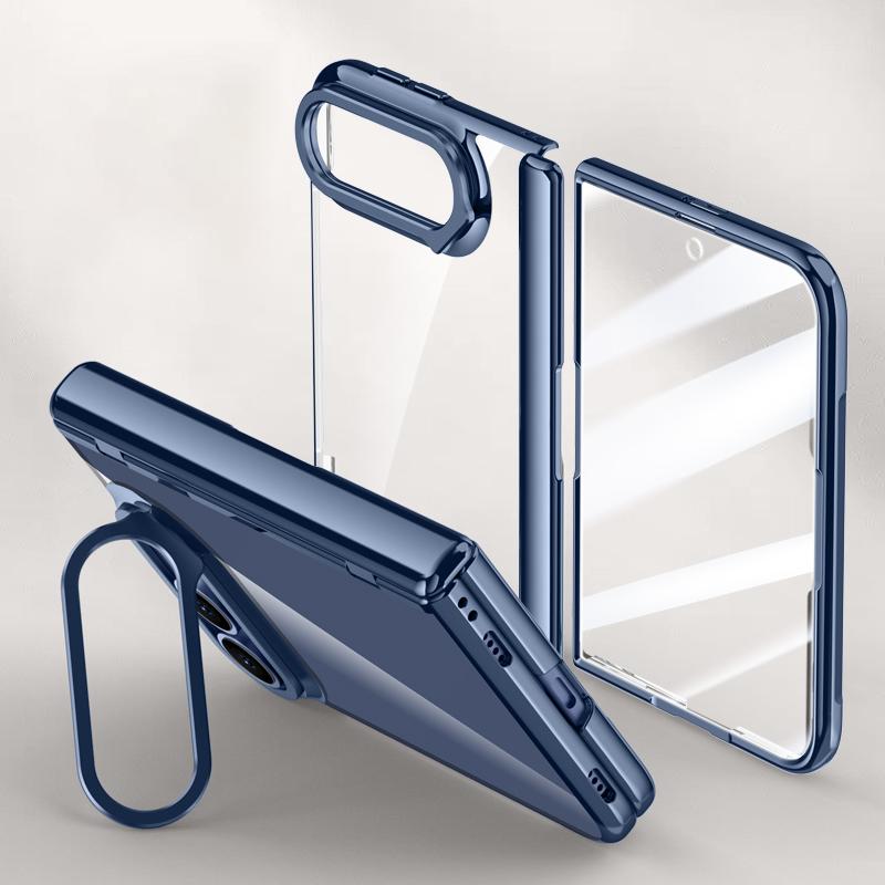 Compatible with iPhone Duo Icebreaking Series Integrated HD Film Electroplated Crystal Clear Center Axis Phone Case with Lens Holder - Navy Blue