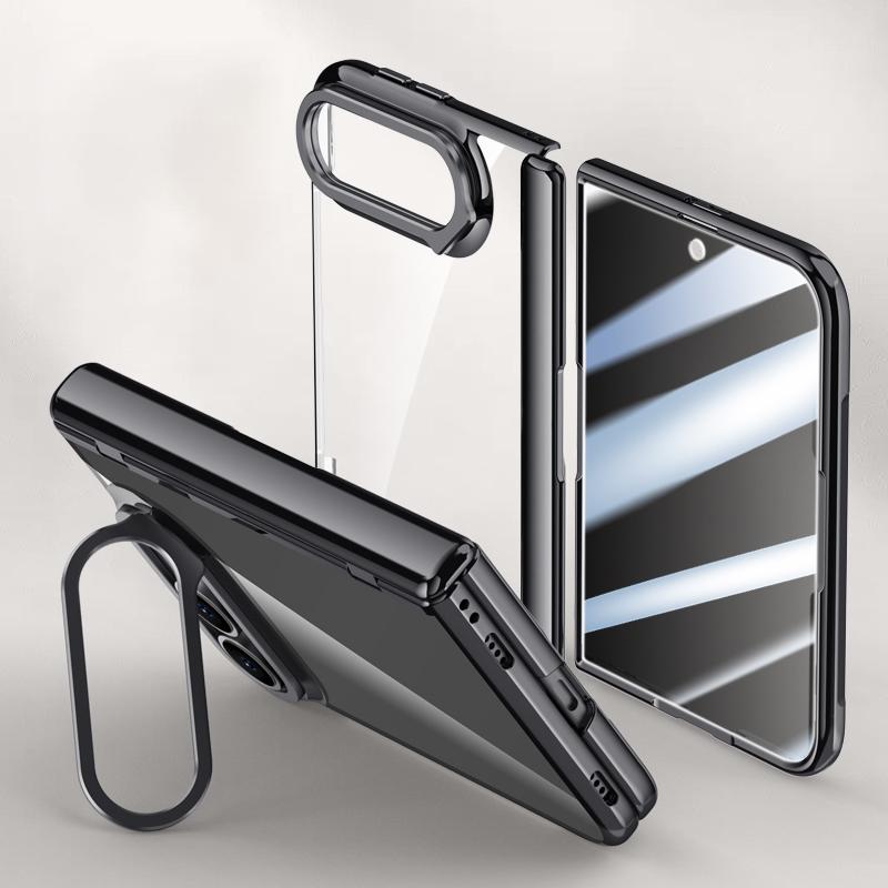 Compatible with iPhone Duo Icebreaking Series Integrated Privacy Film Electroplated Crystal Clear Center Axis Phone Case with Lens Holder - Black