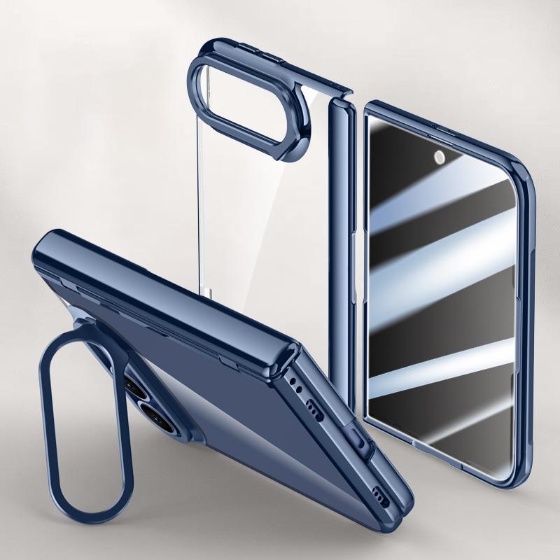 Compatible with iPhone Duo Icebreaking Series Integrated Privacy Film Electroplated Crystal Clear Center Axis Phone Case with Lens Holder - Navy Blue