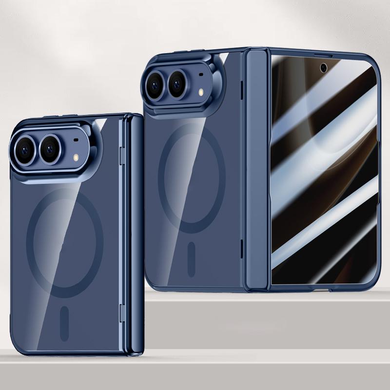Compatible with iPhone Duo Icebreaking Series Integrated Privacy Film Electroplated Crystal Clear Center Axis Magnetic Phone Case - Navy Blue