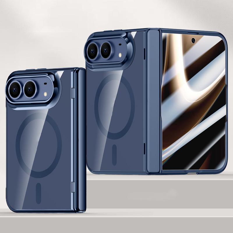 Compatible with iPhone Duo Icebreaking Series Integrated HD Film Electroplated Crystal Clear Center Axis Magnetic Phone Case - Navy Blue