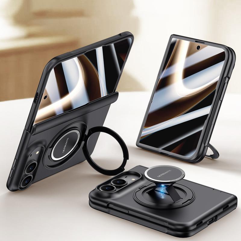 Compatible with iPhone Duo Premium Series Integrated HD Film Center Axis Full Coverage Magnetic Phone Case with Wrist Strap & Ring Holder - Black