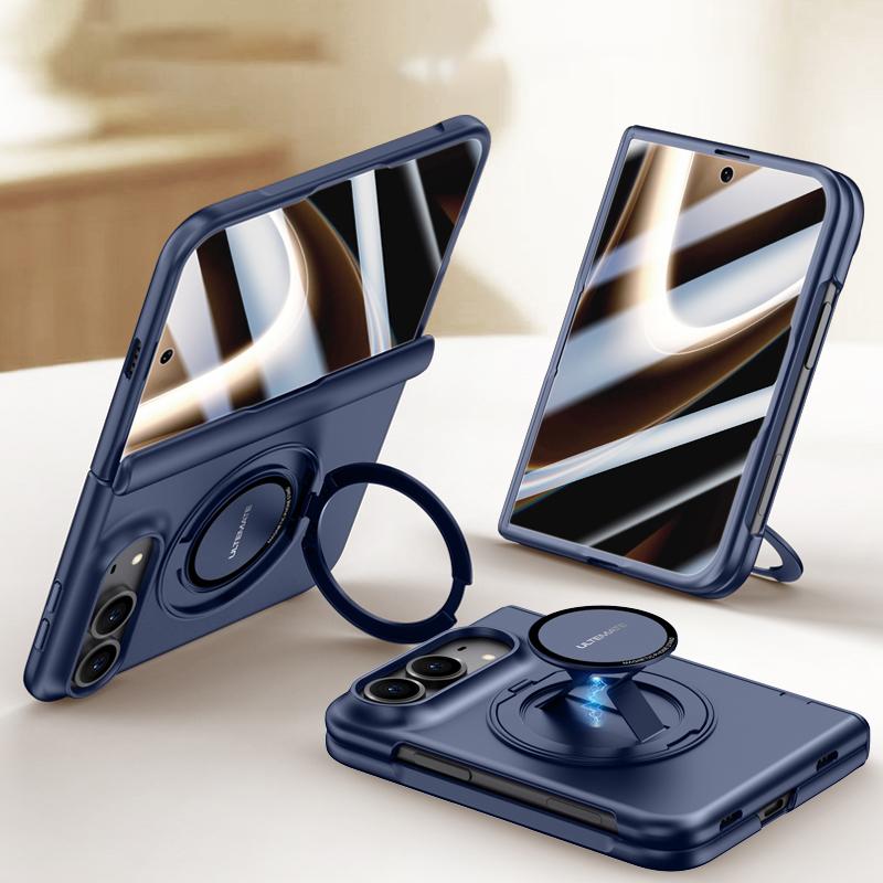 Compatible with iPhone Duo Premium Series Integrated HD Film Center Axis Full Coverage Magnetic Phone Case with Wrist Strap & Ring Holder - Navy Blue