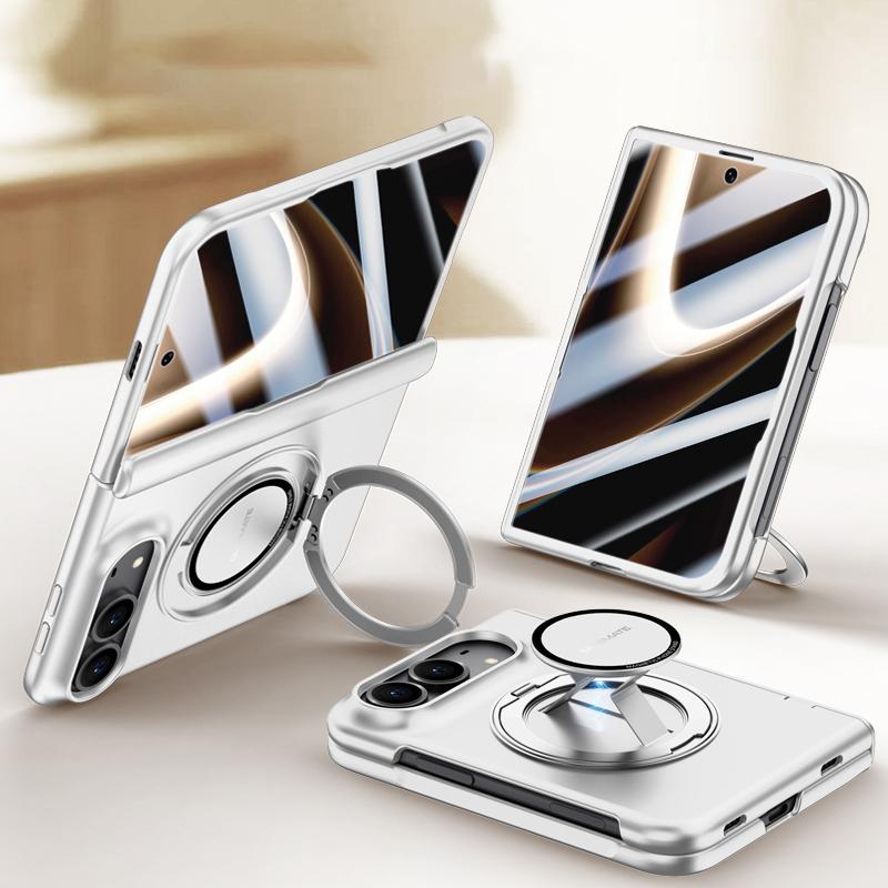 Compatible with iPhone Duo Premium Series Integrated HD Film Center Axis Full Coverage Magnetic Phone Case with Wrist Strap & Ring Holder - Silver