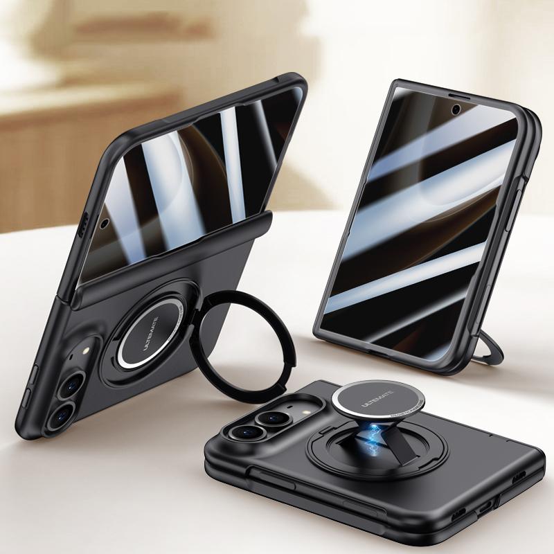Compatible with iPhone Duo Premium Series Integrated Privacy Film Center Axis Full Coverage Magnetic Phone Case with Wrist Strap & Ring Holder - Black