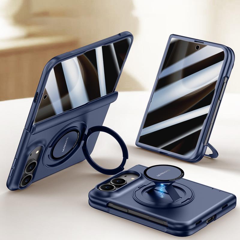 Compatible with iPhone Duo Premium Series Integrated Privacy Film Center Axis Full Coverage Magnetic Phone Case with Wrist Strap & Ring Holder - Navy Blue