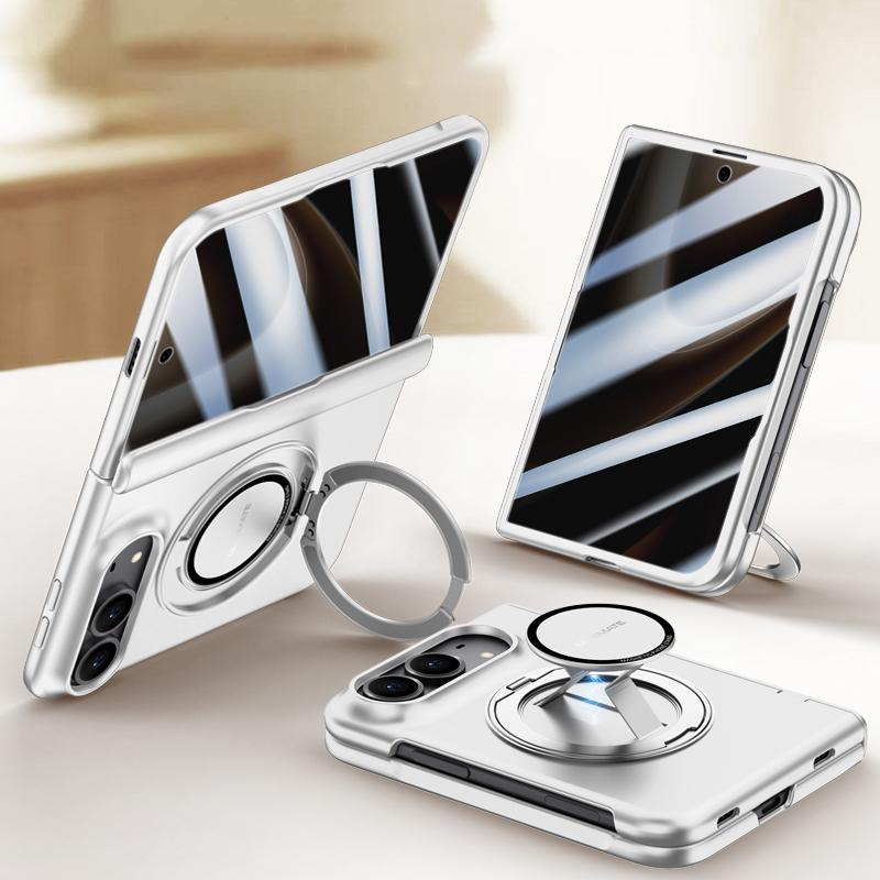 Compatible with iPhone Duo Premium Series Integrated Privacy Film Center Axis Full Coverage Magnetic Phone Case with Wrist Strap & Ring Holder - Silver