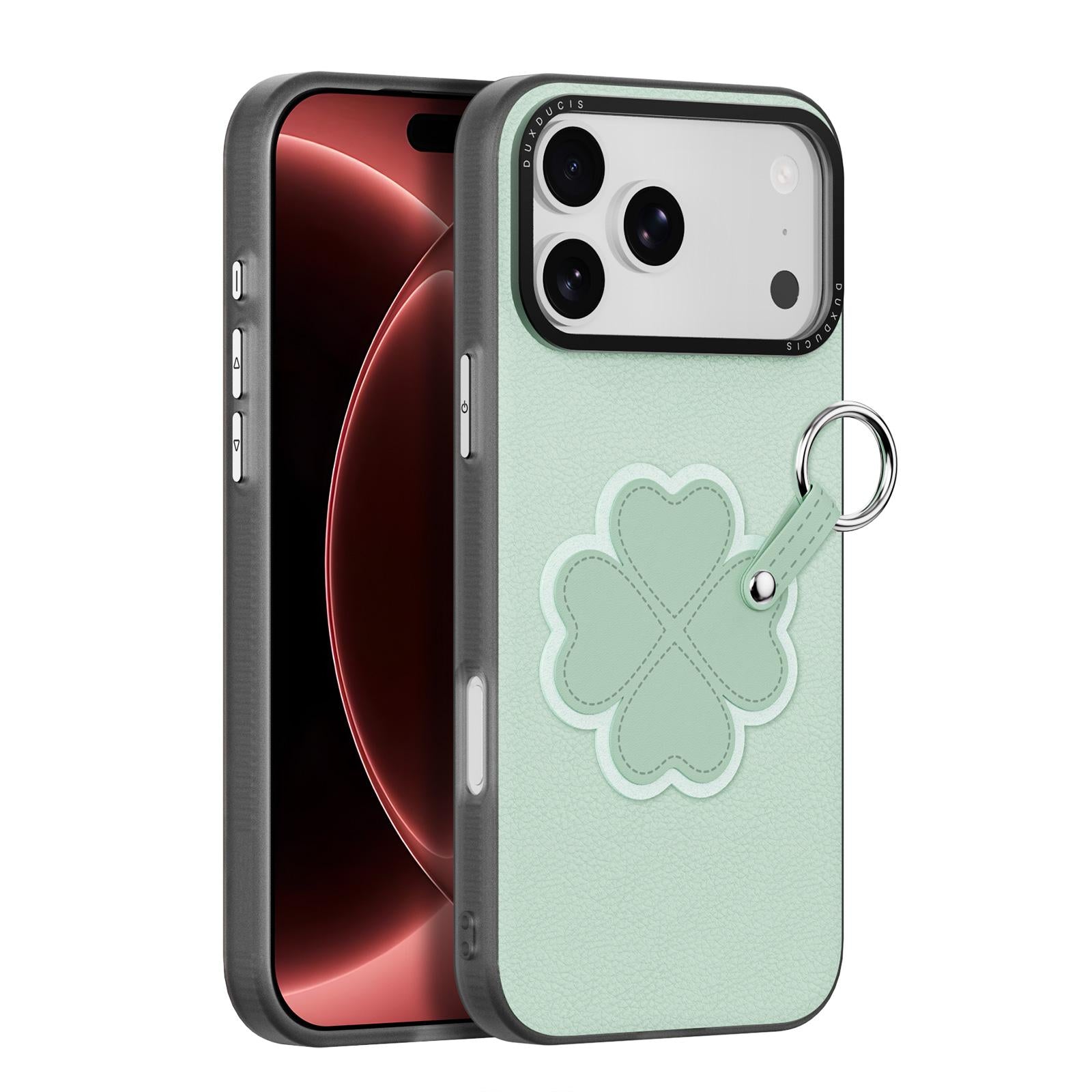 Compatible with iPhone 18 Pro & 17 Pro DUX DUCIS LUVY Series Ring Phone Case with Lanyard - Grass Green Clover