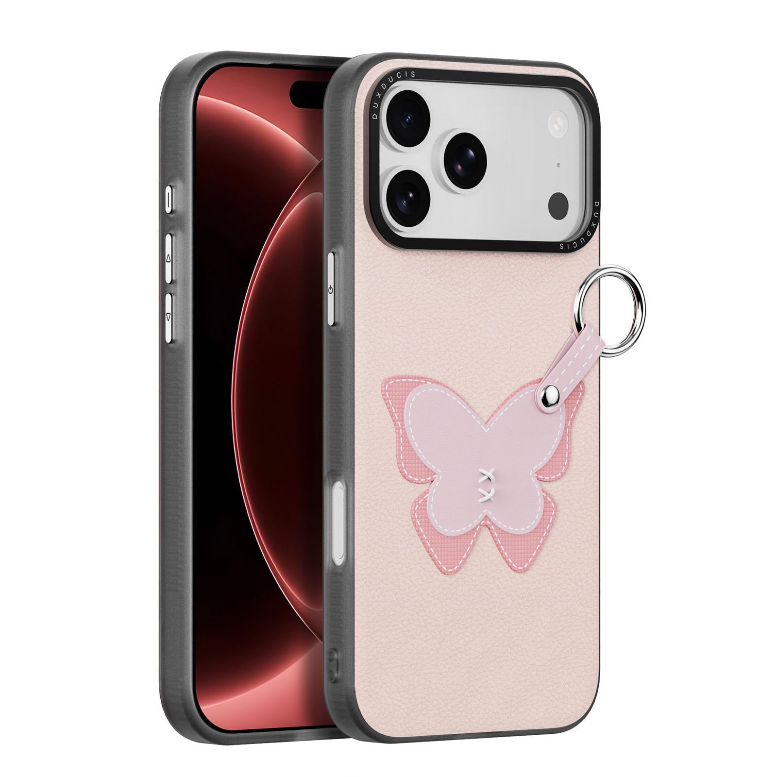 Compatible with iPhone 18 Pro & 17 Pro DUX DUCIS LUVY Series Ring Phone Case with Lanyard - Light Pink Butterfly