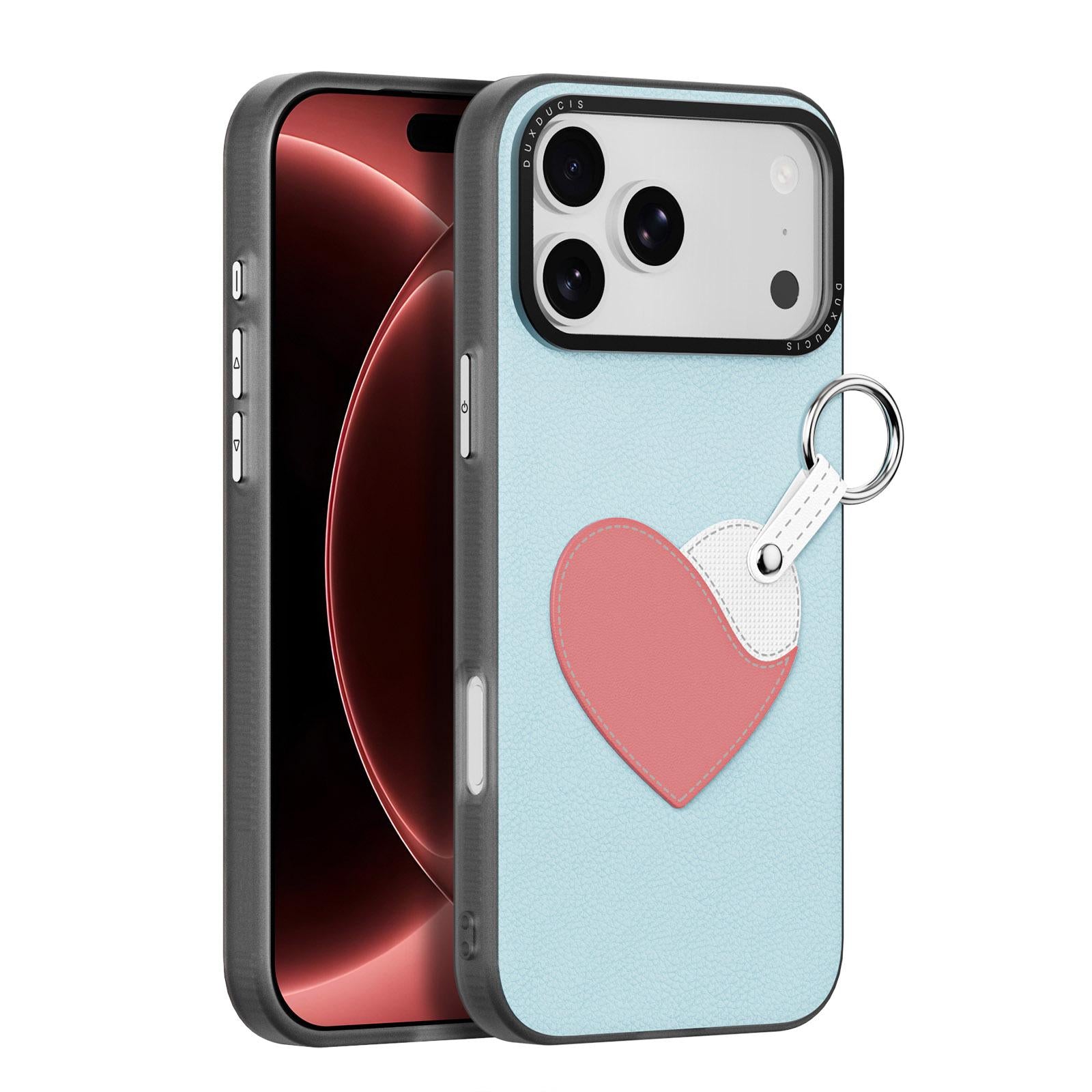 Compatible with iPhone 18 Pro & 17 Pro DUX DUCIS LUVY Series Ring Phone Case with Lanyard - Sky Blue Heart