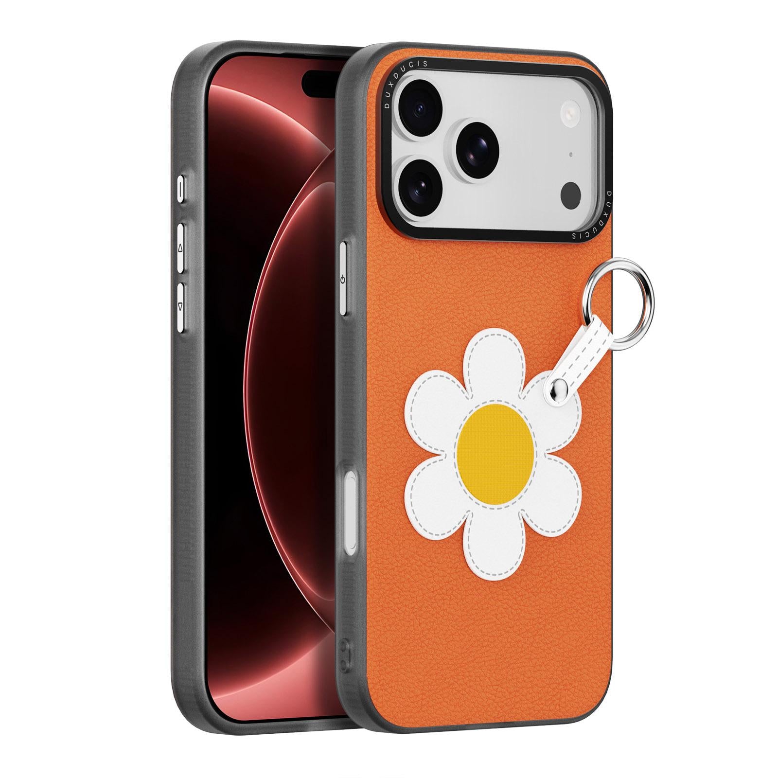 Compatible with iPhone 18 Pro & 17 Pro DUX DUCIS LUVY Series Ring Phone Case with Lanyard - Warm Orange Daisy